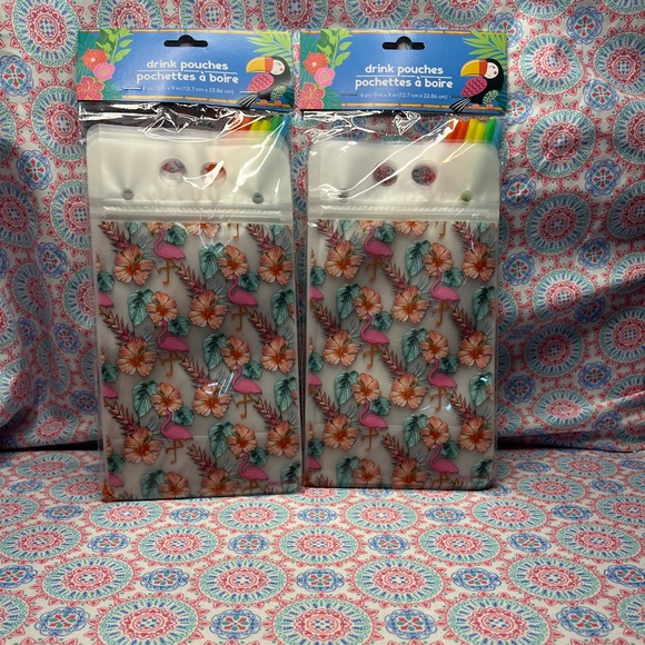 NWT 2 packs of 6 drink pouches 5in x 9in. Flowers and flamingos - Picture 1 of 4